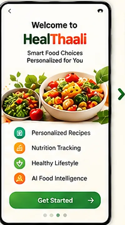 Onboarding screen introducing HealThaali with the promises personalized recipes, nutrition tracking, healthy lifestyle and AI food intelligence